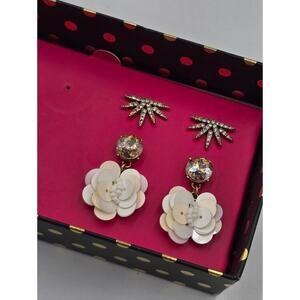 J. Crew 2-Pair Earring Set Crystal Sunburst & Sequin Flower Drop Gold Tone New